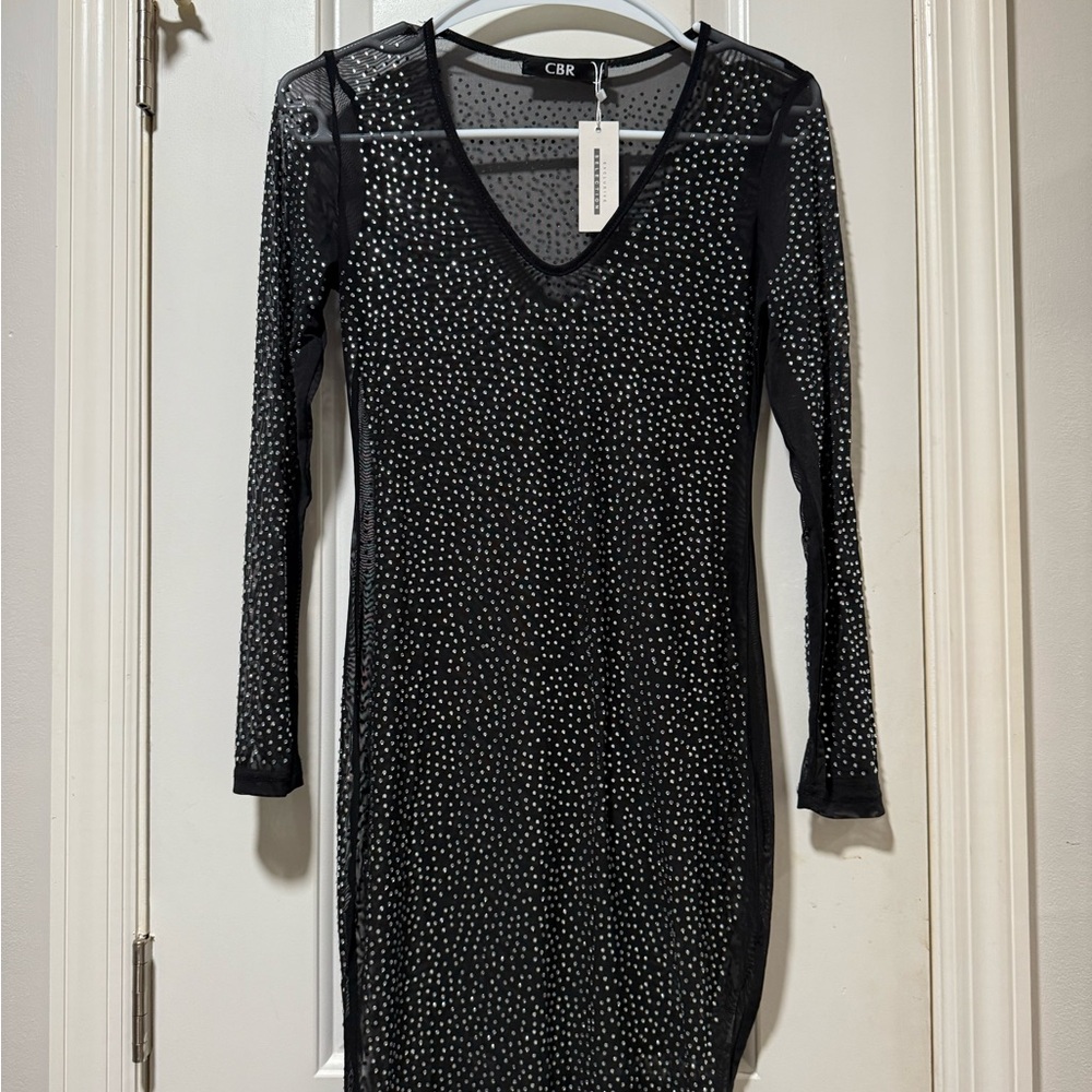 CBR Black Sheer Long Sleeve Dress with Sparkly Gems. Very Stretchy. (New w/ Tag)